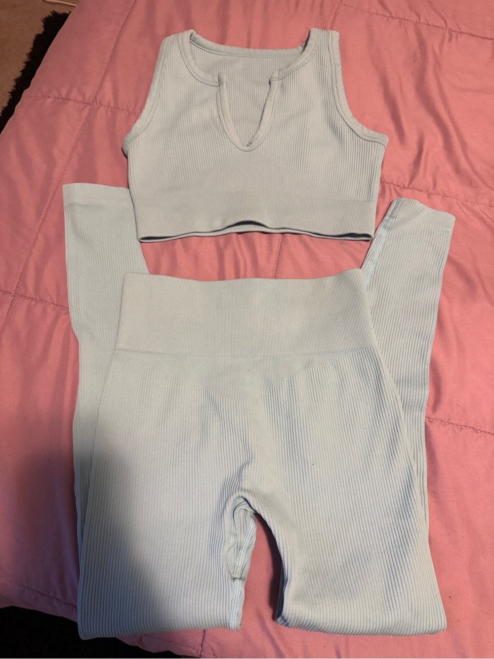 Ribbed Light Blue Women's High-Waist Leggings & Crop Tank Set